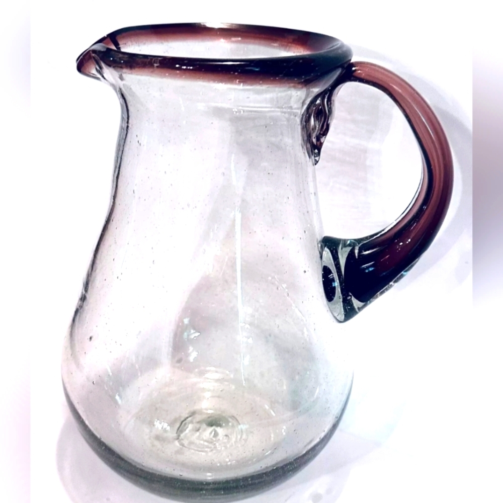 Vintage Mexican Hand Blown Clear Glass Pitcher Amethyst Accents